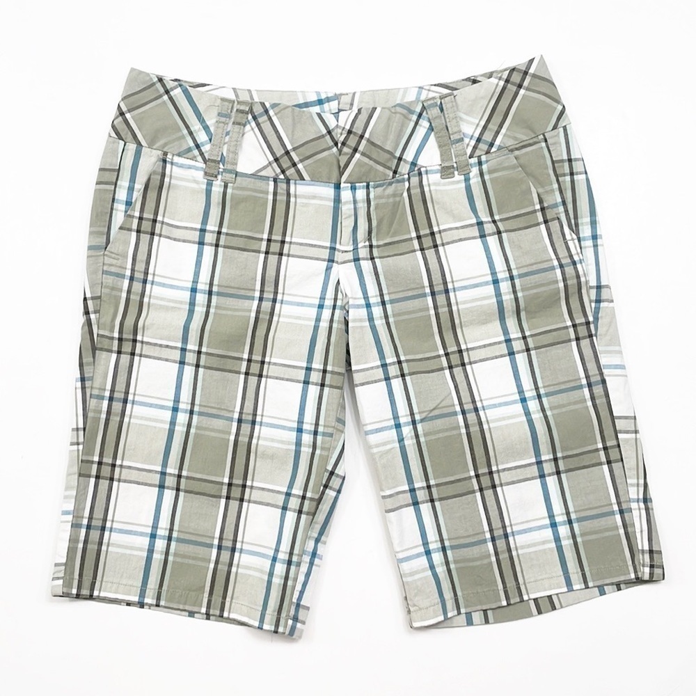 Spacegirlz olive green/white plaid Bermuda shorts